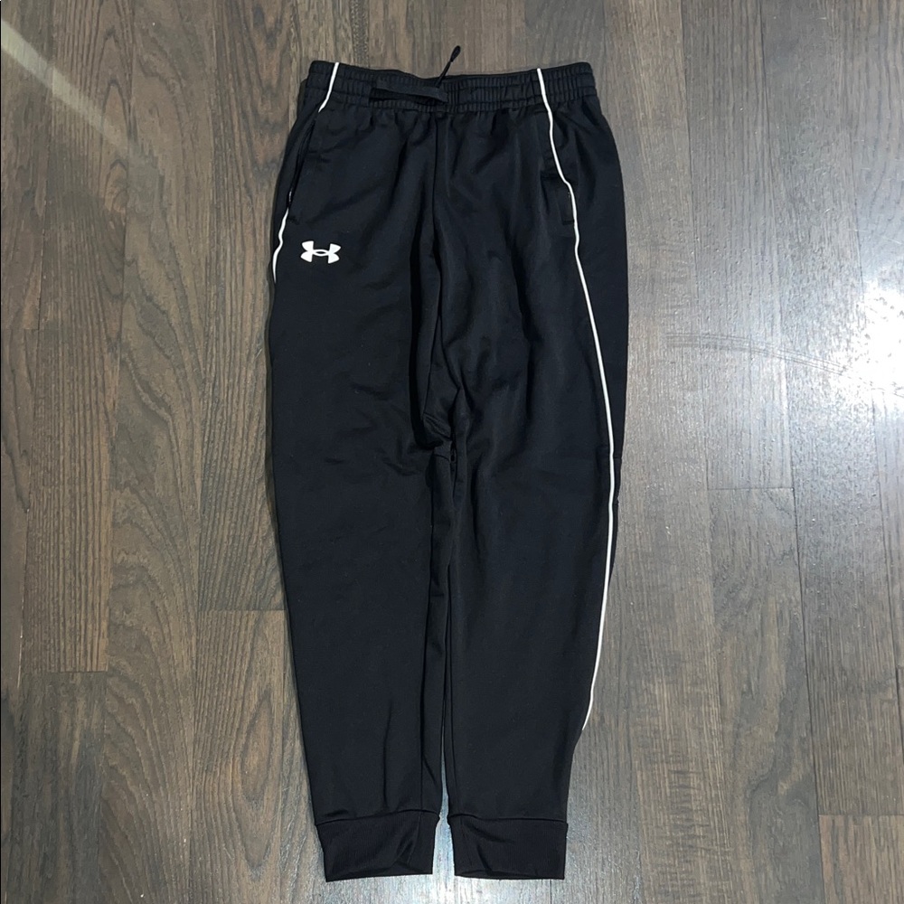 Boys Under Armour Black Joggers with White Piping Size YMD